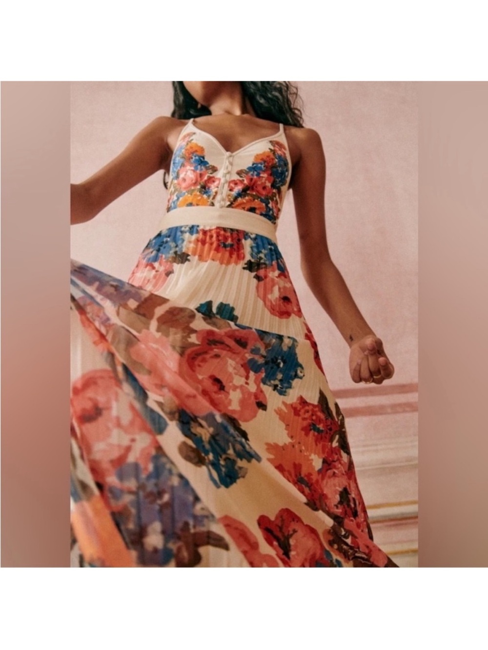 SEZANE Dilona Skirt Maxi Roses Floral Pleated Midi High Waisted Cream Pink - Picture 3 of 8